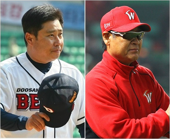 '연패는안돼,연승할거야'28일1,2위대결에서올시즌첫시리즈의우위가결정될일전을치르는김태형두산(왼쪽),김용희SK감독.(자료사진)