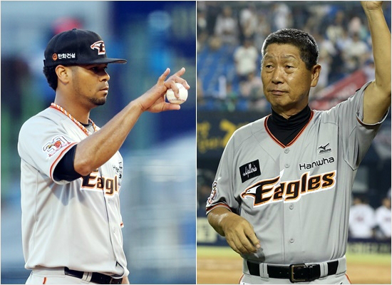 '내가책임진다'한화에이스에스밀로저스(왼쪽)가오는8일케이티와원정에서복귀전을치를예정이가운데김성근감독이이날2500경기출장기록을세울지관심이다.(자료사진=한화)