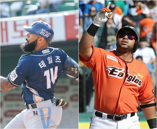 '부활한외국산거포'NC에릭테임즈(왼쪽)는지난주타율4할7푼4리3홈런7타점으로완전히부진에서탈출했고,한화윌린로사리오도주말삼성과시리즈에서모처럼홈런을터뜨리는등장타력을뽐냈다.(자료사진=NC,한화)