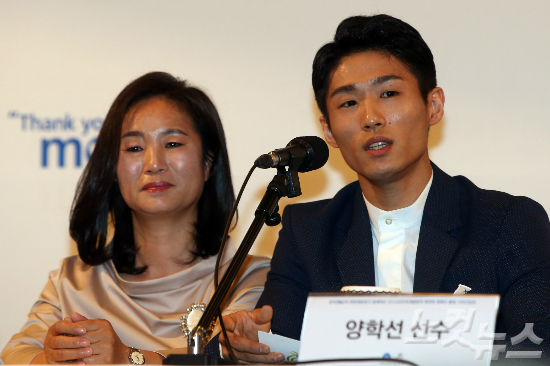 3일오전서울소공동웨스틴조선호텔에서열린‘한국P&G와대한체육회가함께하는2016리우데자네이루올림픽지원땡큐맘캠페인’행사에참석한체조국가대표양학선이인사말을하고있다.(사진=황진환기자)