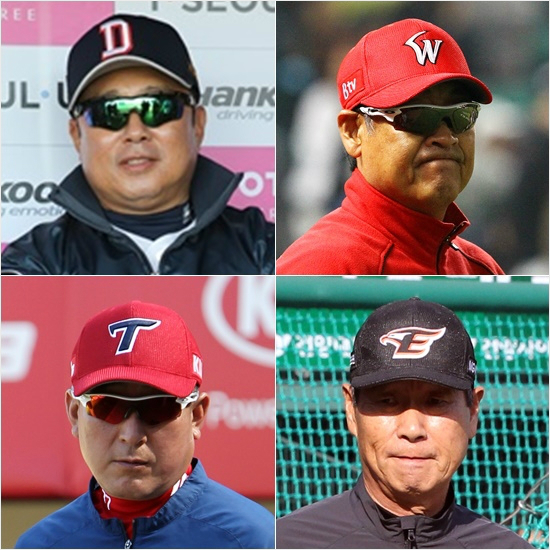 '상위권의양金시대?'올시즌초반1,2위로선전중인두산김태형(왼쪽위부터시계방향),SK김용희감독과하위권에머물러있는한화김성근,KIA김기태감독.(자료사진=해당구단)