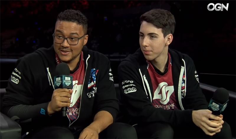 CLG의 하단 듀오인 서포터 'Aphromoo' 자케리 블랙(왼쪽)과 원거리 딜러 'Stixxay' 트레버 헤이예스(사진=OGN 생중계 캡처).