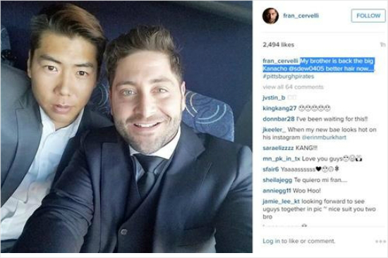'웰컴투마이브라더'피츠버그프란시스코세르빌리(오른쪽)가6일자신의인스타그램에올린강정호와함께찍은사진.(자료사진)