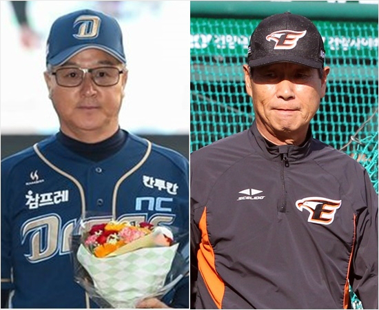 '일주일만에...'김경문감독(왼쪽)의NC와김성근감독의한화는4월마지막주나란히4승1패로반등세를탔지만일주일만에운명이엇갈렸다.지난주NC는5전승을달린반면한화는김성근감독의수술공백속에1승뒤5연패했다.(자료사진)