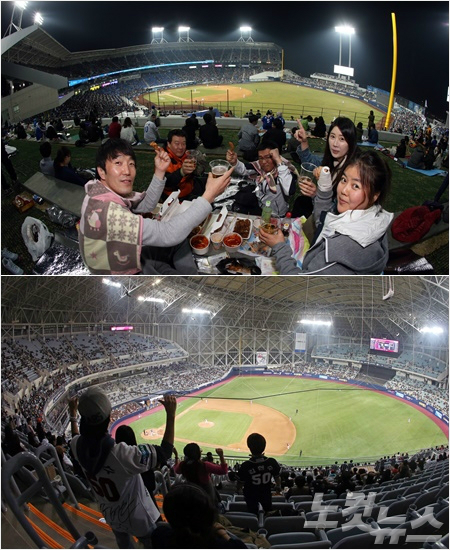 '새구장따따봉'올시즌프로야구는신축구장인대구삼성라이온즈파크와고척스카이돔효과로순조롭게흥행이이뤄지고있다.사진은라이온즈파크(위)와고척돔에서팬들이경기를즐기는모습.(자료사진=황진환기자)