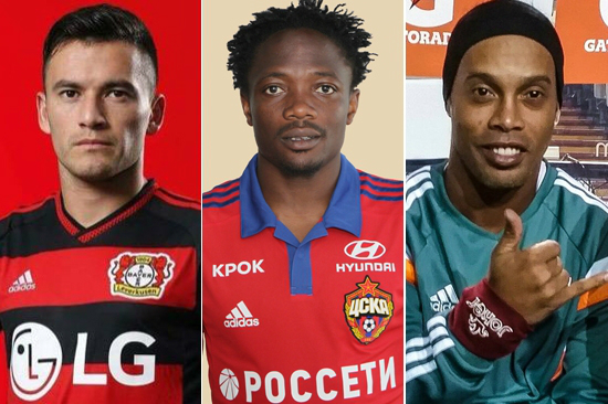 (왼쪽부터)차를레스아랑기스(레버쿠젠),아메드무사(CSKA모스크바),호나우지뉴(무소속).(사진=트위터캡처)