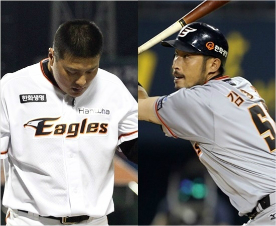 '특타했는데...'한화는18일삼성과포항원정에서김태균(왼쪽)과김경언등이연이틀특타를소화했지만속절없는6연패에빠졌다.(자료사진=한화)