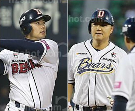'규정타석만채워봐라'올시즌규정타석에미달하고도홈런1위,타점4위의맹타를휘두르는두산김재환(왼쪽)과타율4할에육박하는고감도타격을선보이는오재일.(자료사진=두산)