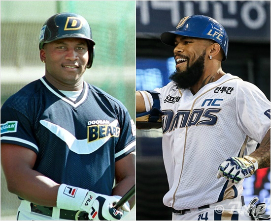 '누가더셀까'NC에릭테임즈(오른쪽)는2일두산과홈경기에서시즌16호아치를그리며전두산타이론우즈가갖고있던역대최소경기통산100홈런기록을경신했다.(자료사진=NC,두산)