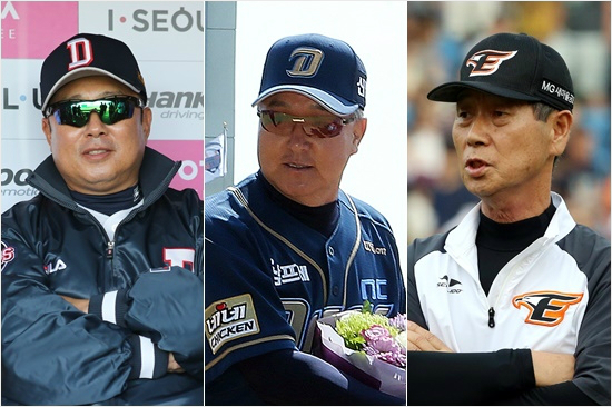 '新삼김시대?'김태형(왼쪽부터),김경문,김성근감독이이끄는두산,NC,한화는최근3주동안승률1위를도맡아하며고공비행을달리고있다.(자료사진=두산,NC,한화)