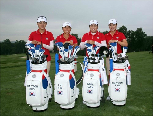 2014년대회에나섰던최나연(왼쪽부터)과김인경,박인비,유소연.(사진=하나금융그룹제공)