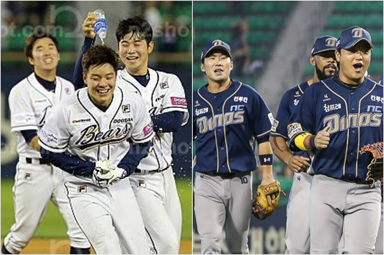 '니들은웃지만상대팀은운다'프로야구두산과NC는최근가파른상승세로1,2위를달리면서상대팀들에막대한피해를안기고있다.사진은두산(왼쪽)과NC의승리뒤기뻐하는선수들의모습.(자료사진=두산,NC)