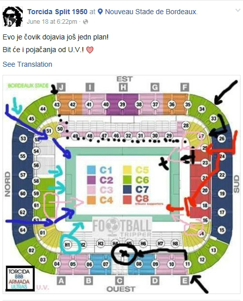 지난크로아티아-체코경기에서운동장에홍염을투척한세력으로지목된크로아티아의서포터스그룹'토르치다스플리트1905'이오는22일열리는크로아티아-스페인경기를방해할계획을세운것으로알려졌다.(사진=토르치다스플리트1905페이스북캡처)