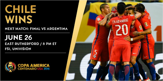코파아메리카센테나리오준결승에서콜롬비아를꺾은칠레는지난대회에이어다시한번아르헨티나와결승에서만난다.(사진=코파아메리카센테나리오공식트위터갈무리)