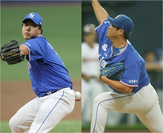 삼성선발김기태(왼쪽)와필승조안지만이23일넥센과원정에서역투를펼치고있다.(고척=삼성라이온즈)