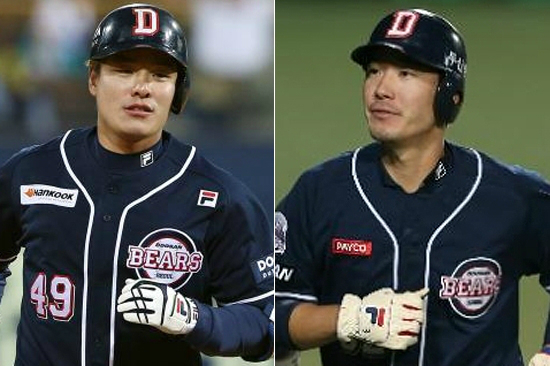 '두산50승합작듀오'두산베어스의민병헌(왼쪽)과김재호가타석에서맹활약하며팀승리를이끌었다.(사진=두산베어스제공)