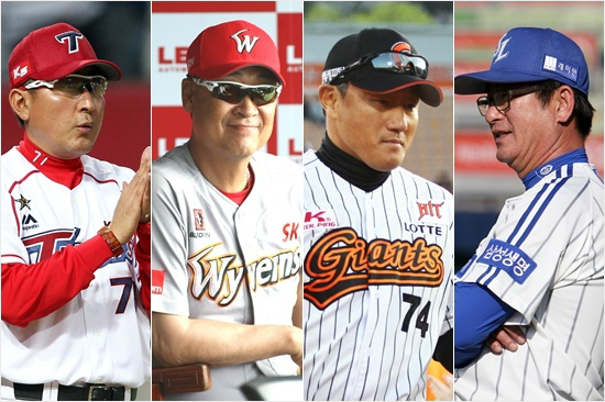 '부럽다,부러워'최근연승행진을달리며중위권판도를흔들고있는KIA김기태(왼쪽부터),SK김용희,롯데조원우감독과잇딴끝내기패배로하위권으로처진삼성류중일감독.(자료사진=각구단)