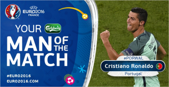 호날두의1골1도움은유로2016에서포르투갈이6경기만에처음으로90분만에승리를확정한결정적인역할을했다.(사진=유로2016공식트위터갈무리)