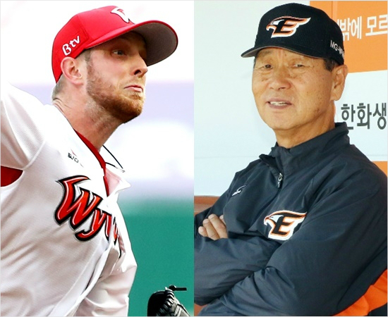 7일한화와홈경기에서역투를펼친SK메릴켈리(왼쪽)와한화김성근감독.(사진=SK,한화)