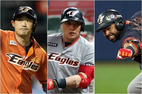 '이글이글타오른이글스중심타선'한화는7월불방망이를휘두른송광민(왼쪽부터),김태균,윌린로사리오등중심타선의활약에월간승률2위의호성적을냈다.(자료사진=한화)