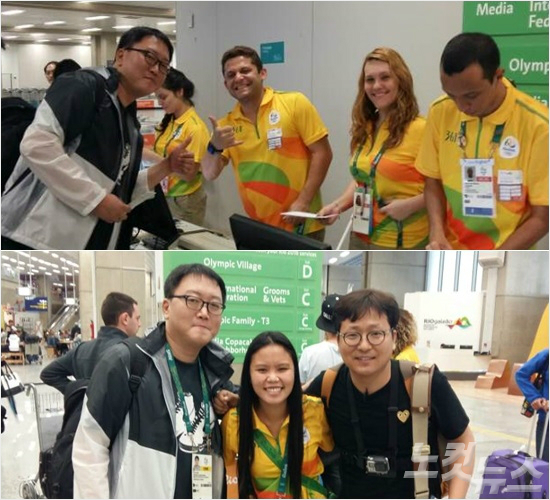 '브라질,살만해요'CBS노컷뉴스취재진이3일(현지시각)브라질리우데자네이루공항에서미디어등록과숙소까지교통편안내를도운자원봉사자들과포즈를취한모습.(리우=노컷뉴스)