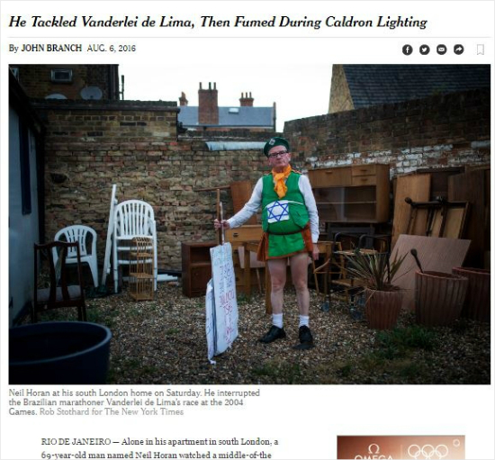 2004년아테네올림픽마라톤경기에난입했던닐호런의인터뷰기사.(홈페이지캡처)
