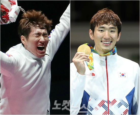 '동일인입니다'10일(한국시각)리우데자네이루올림픽에서한국에페사상첫금메달을따낸박상영이감격에겨워하는모습(왼쪽)과시상대에서금메달을목에걸고환하게웃는모습.(리우=올림픽사진공동취재단)