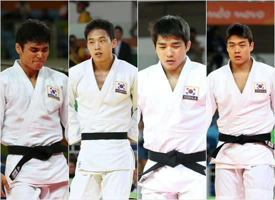 "4년뒤도쿄에서는금메달이예요."은메달1개,동메달1개로리우올림픽을마무리한유도어벤저스김원진(왼쪽부터)과안바울,안창림,곽동한.(올림픽사진공동취재단)