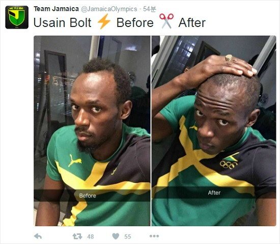 리우올림픽에서100m와200m,400m계주까지3연속3관왕에도전하는우사인볼트는본격적인대회를앞두고덥수룩했던머리를짧게자르며다시한번각오를다졌다.(사진=자메이카선수단공식트위터갈무리)