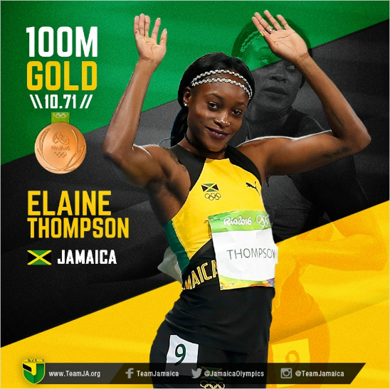 세계에서가장빠른여성이된일레인톰슨.(사진=자메이카선수단공식트위터)