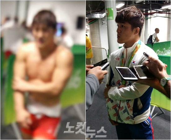 '부여잡은오른팔'김현우가15일(한국시각)리우데자네이루올림픽레슬링남자그레코로만형75kg급동메달결정전에서승리한뒤오른팔꿈치를부여잡고믹스트존에들어선모습(왼쪽).얼음찜질을해야해1분여만진행된인터뷰라급하게사진을찍느라초점이나갔다.오른쪽은시상식뒤인터뷰모습.여전히오른팔을부여잡고있다.(리우=노컷뉴스)