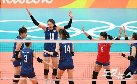 8강에서네덜란드를만나는여자배구대표팀.(올림픽사진공동취재단)