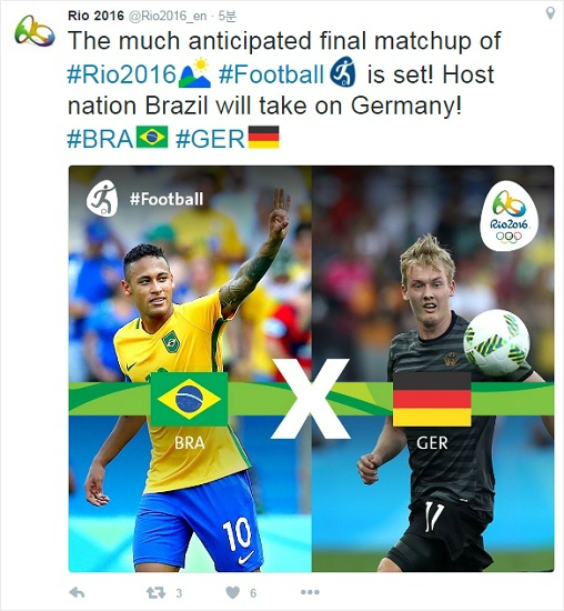 자국에서사상첫올림픽축구금메달에도전하는브라질은2년전안방에서열린월드컵준결승에서1-7참패를안긴독일과최후의일전을벌인다.(사진=리우올림픽공식트위터갈무리)