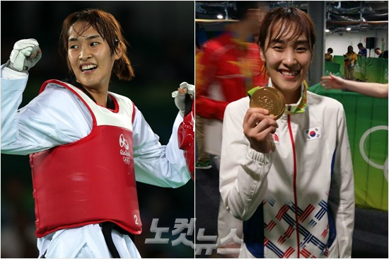 '경기장안팎이다르네'태권도여자간판김소희가18일(한국시각)리우데자네이루올림픽49kg급결승에서승리한뒤주먹을불끈쥐는모습(왼쪽)과시상식뒤인터뷰에서환하게웃는모습.(리우=올림픽사진공동취재단,노컷뉴스)