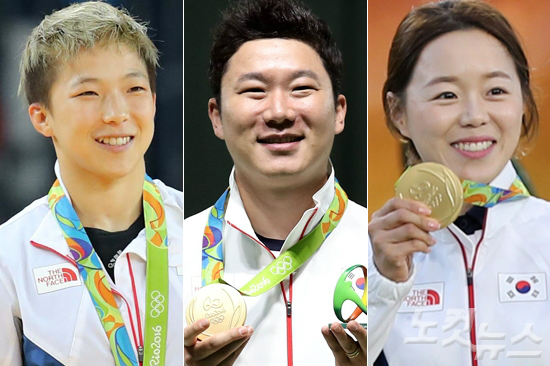 자랑스러운대한민국의메달리스트(왼쪽부터)유도정보경,사격진종오,양궁장혜진(올림픽사진공동취재단)