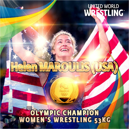 미국의헬렌루이스마룰리스는리우올림픽레슬링여자53kg결승에서올림픽4연패를노리던일본의요시다사오리를꺾고금메달을목에걸었다.(사진=국제레슬링연맹공식트위터갈무리)