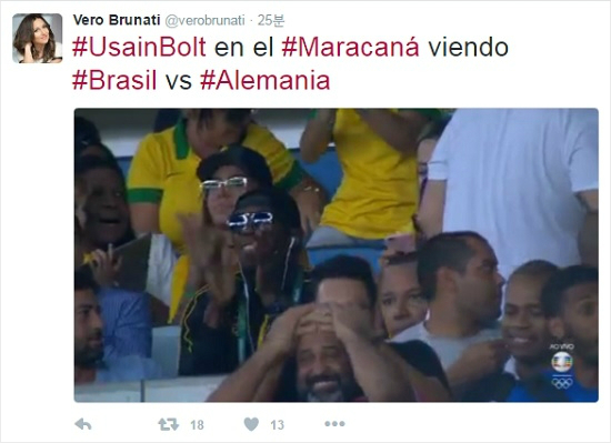올림픽3연속3관왕의위업을쓴자메이카의우사인볼트는자신이좋아하는축구결승전을보기위해브라질과독일이맞붙은마라카낭주경기장에등장했다.(사진=@verobrunati트위터갈무리)