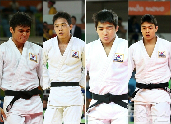 '무너진어벤저스'세계랭킹1위4인방이'2016리우올림픽'무대에서'노골드'에그쳤다.(왼쪽부터)김원진,안바울,안창림,곽동한.(올림픽사진공동취재단)