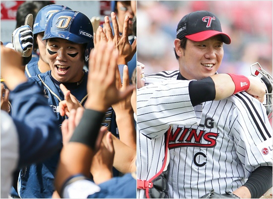 '2위-4위확정?'NC모창민이18일SK를8연패에빠뜨리는결승타를때려낸뒤동료들과기뻐하는모습(왼쪽)과LG류제국이삼성과홈경기에서생애첫완봉승을거두고활짝웃는모습.(자료사진=NC,LG)