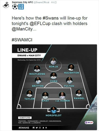 사우샘프턴과리그경기에서감독의교체명령에강한불만을감추지않았던기성용은4일뒤열린컵대회출전명단에서제외됐다.(사진=스완지시티공식트위터갈무리)