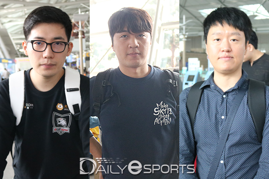 락스 타이거즈의 정노철 감독(왼쪽)과 SK텔레콤 T1의 최병훈 감독(가운데), 삼성 갤럭시의 최우범 감독(오른쪽).