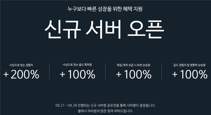 신규 서버에서 플레이하면 경험치 200% 혜택이 주어진다