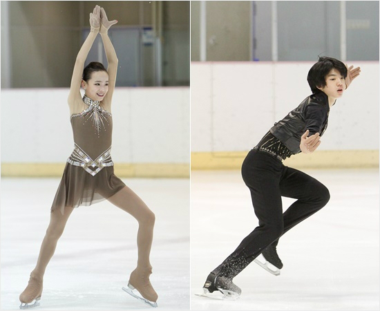 2016-2017국제빙상경기연맹피겨스케이팅주니어그랑프리7차대회쇼트프로그램에서각각2위와1위에오른기대주임은수(왼쪽)와차준환.(자료사진=대한빙상경기연맹)