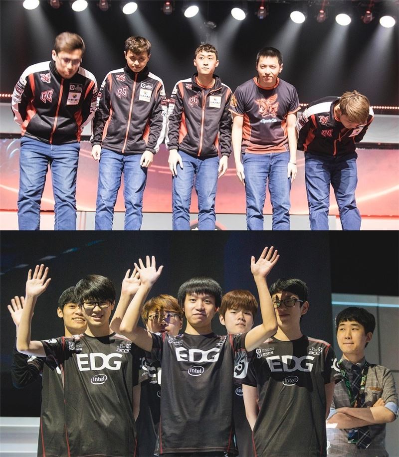 롤드컵 16강 C조 2주차에서 동반 8강을 노리는 ahq(위)와 EDG.