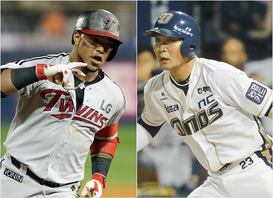 21일플레이오프1차전에서아슬아슬하게파울라인안쪽으로결정적인타구를날린LG루이스히메네스(왼쪽)와NC용덕한.(마산=LG,NC)