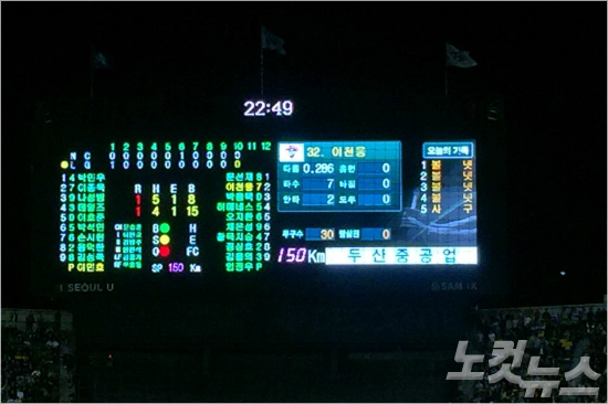 24일오후서울잠실구장에서열린LG와NC의플레이오프3차전10회말의전광판.LG이천웅이5연속4사구로출루한기록이눈에띈다(사진=노컷뉴스)