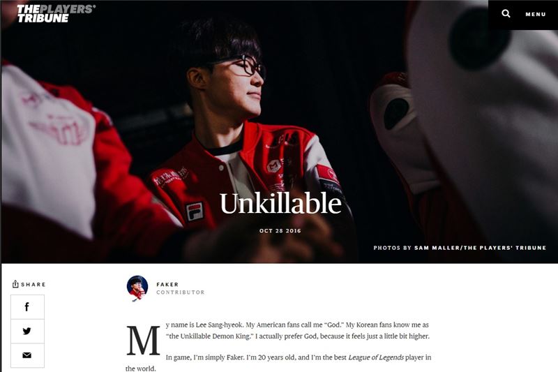 플레이어스 트리뷴에 기고한 '페이커' 이상혁의 글.