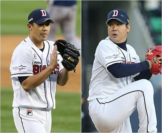 '두산불펜은2명뿐인가'두산은올해NC와한국시리즈에서3차전까지이용찬(왼쪽),이현승등고작2명으로불펜을가동했다.나머지6명은가을무대에나서지못했다.(자료사진=두산)