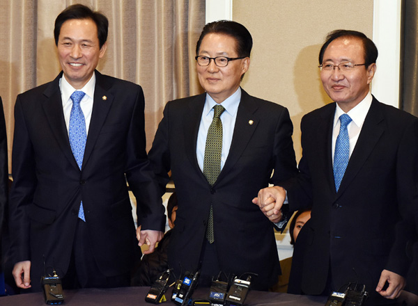 더불어민주당 우상호 원내대표, 국민의당 원내대표 겸 박지원 비상대책위원장, 정의당 노회찬 원내대표(사진=더불어민주당 홈)