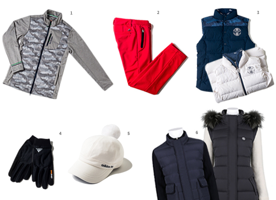 1.클라이마히트마이크로롤로윈터재킷2.클라이마스톰본디드팬츠3.클라이마스톰다운베스트4.클라이마히트글러브5.웨이WTW캡(이상아디다스골프)6.벤제프소매니트다운점퍼